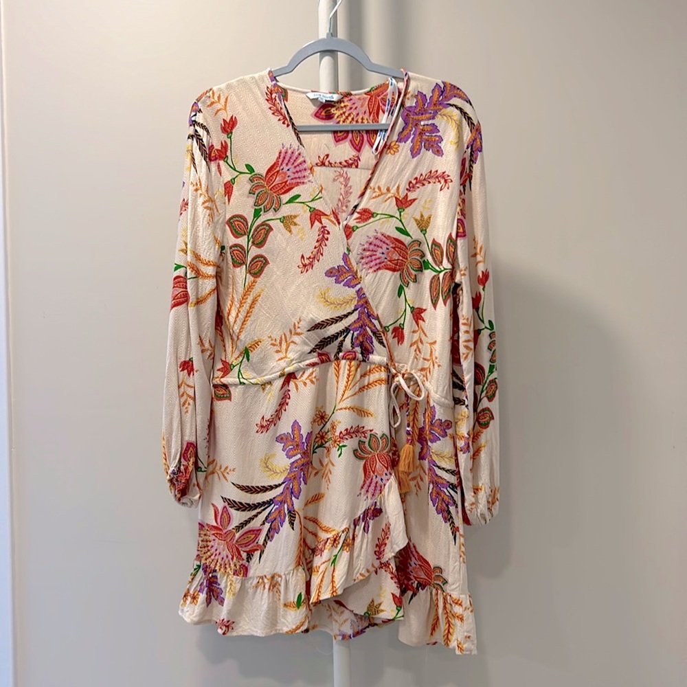 Blue Island Floral Long Sleeve Dress/Cover-Up with Drawstring Waist Size Medium